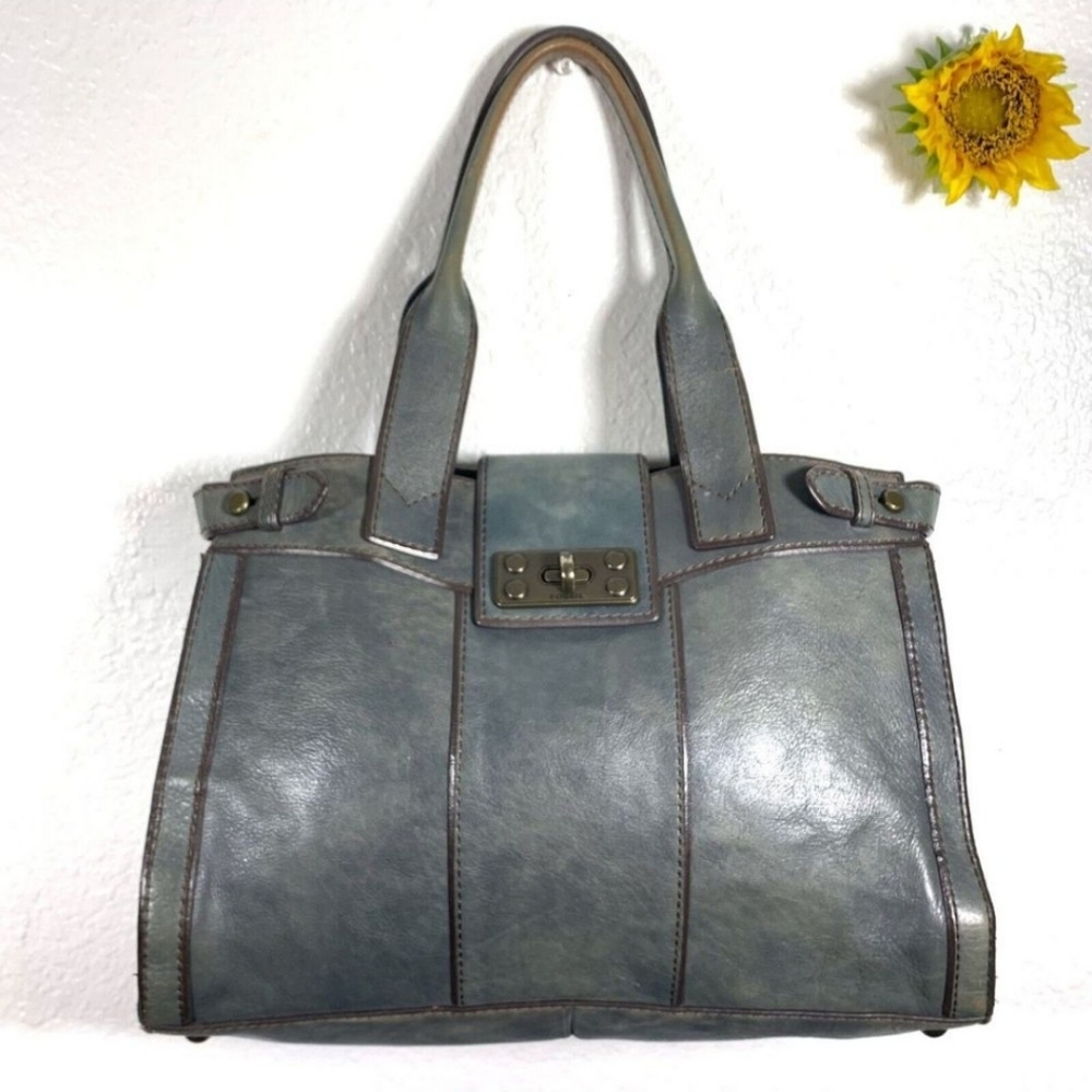 FOSSIL Vintage Reissue Heirloom Blue Gray Leather Satchel Shoulder Handbag Purse